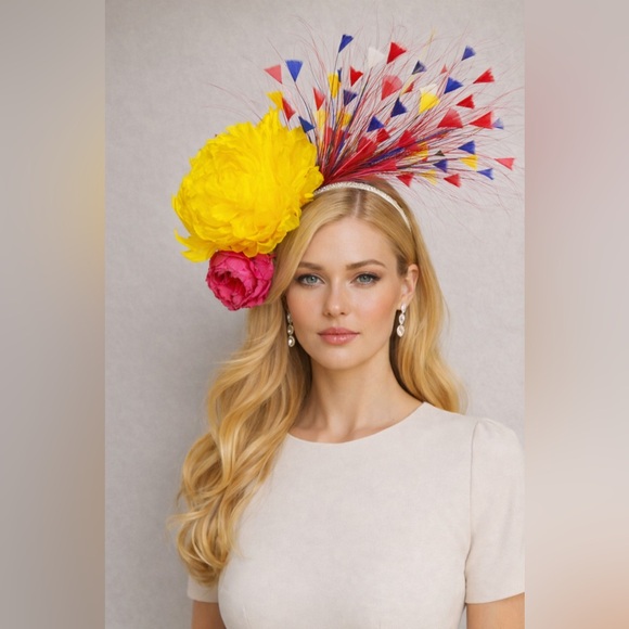 Derby Revival Accessories - Kentucky Derby Oaks Hat Fascinator Peony Floral Feather Oaks Church Tea Headband